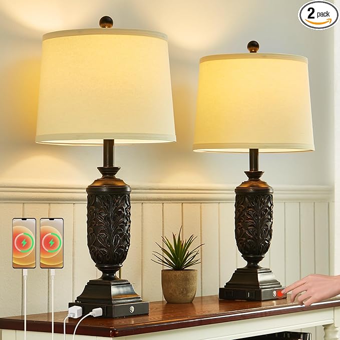 26.5" Farmhouse Table Lamp Set of 2, 3-Way Dimmable Touch Control Bedside Lamps Vintage Rustic Side Table Nightstand Lamps for Bedroom Living Room Study Room