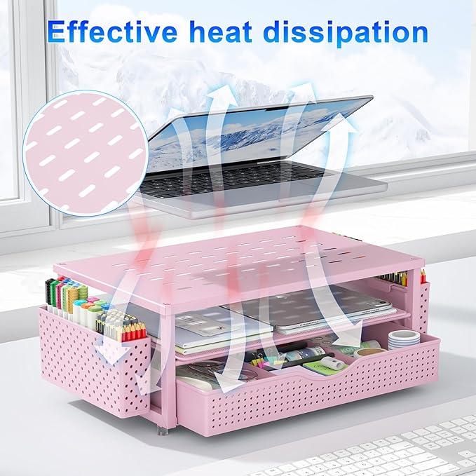 gianotter Desk Organizers and Accessories, Monitor Stand with Drawer and 2 Pen Holder, Desktop Organizer Suitable for Offices and Dormitories (Pink)