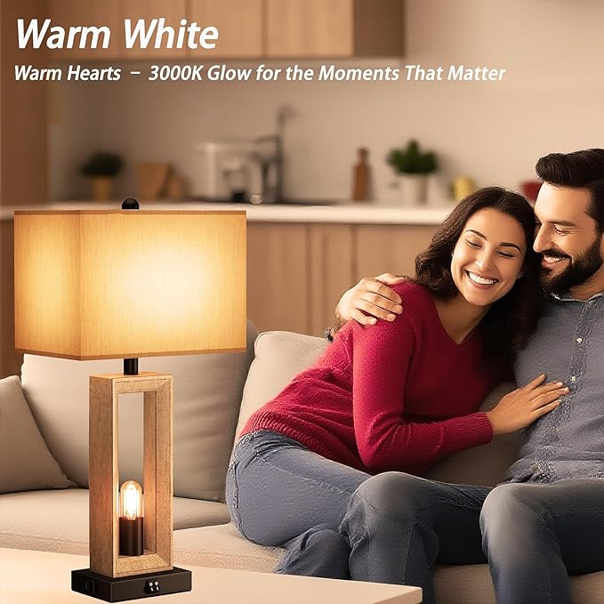 Table Lamps for Living Room,Modern Farmhouse Decor Lamps with USB A+C Port & Nightlight,25" Rustic 3-Way Dimmable Bedside Lamps,Oat Shade Touch Nightstand Lamp for Bedroom,2 LED Bulbs