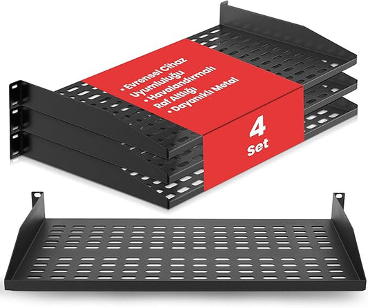 Pyle 19-Inch 1U Server Rack Shelf - 4 Pcs Vented Metal Shelves for Optimal Airflow, Wall or Rack MountableSupports up to 110 lbs, 17 x 10’ Shelf Tray for Cabinets, Computers & Network Equipment