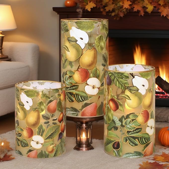 Autumn Flameless Candles with Remote Timer Apple Pear Glass Flickering Battery Operated LED Candles for Home Room Party Wedding Holiday Fall Decor - Set of 3