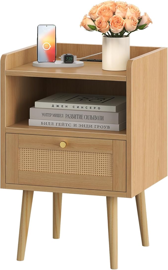 Nightstand Rattan with Charging Station, Mid Century Modern Bed Side Table, Boho End Table with Wood Legs, Bedside Tables for Bedroom Living Room (1, Natural, 11.8" D x 15.9" W x 23.4" H (1 Drawers))