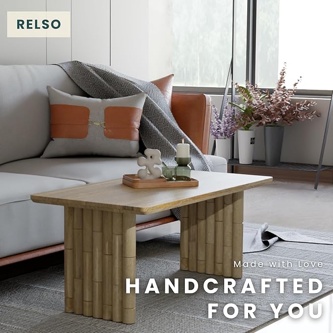 Bambos Coffee Table | Sold Mango Wood Center Table with Natural Finish | Handcrafted Accent for Living Room, Modern Decor, Apartment or Office | Bamboo Inspired Legs, Easy Assembly, Durable, Compact