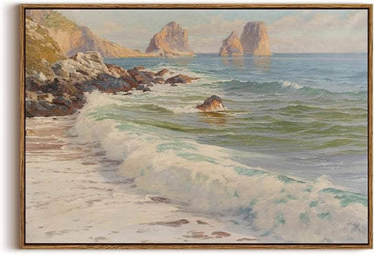 KISSFOX Vintage Ocean Canvas Wall Art Framed Nature Coastal Beach Seascape Paintings Prints Gallery Artwork Aesthetic Pictures Decor Living Room Bathroom Office Bedroom