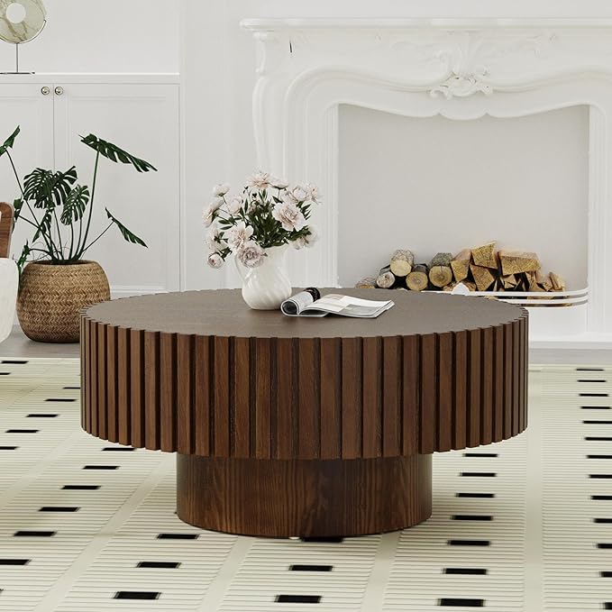 Round Fluted Coffee Table Mid Century Modern Coffee Tables with Handcrafted Relief Circle Drum End Table Rustic Industrial Center Tables for Apartment Living Room (Brown Round)