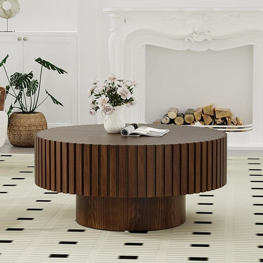 Round Fluted Coffee Table Mid Century Modern Coffee Tables with Handcrafted Relief Circle Drum End Table Rustic Industrial Center Tables for Apartment Living Room (Brown Round)
