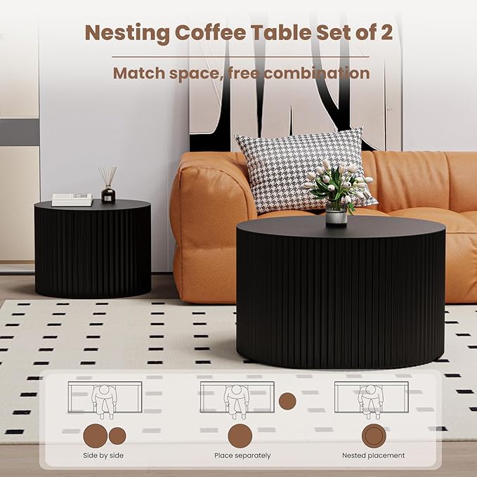 Round Nesting Coffee Table Wood Drum Nesting Tables Modern Stacking Coffee Table Set of 2 Fluted Center Table End Table for Living Room Home Office Small Spaces, No Assembling (Black Large)