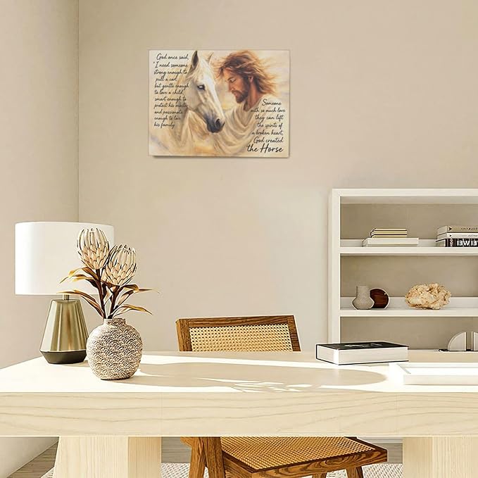 Horse Wall Art Christian Jesus Canvas Wall Decor Scripture Pictures Christ Paintings Prints Religious Bible verse Artwork Framed Decorations For Church Prayer Room Bathroom Bedroom Living Room Gifts 16" x 12"