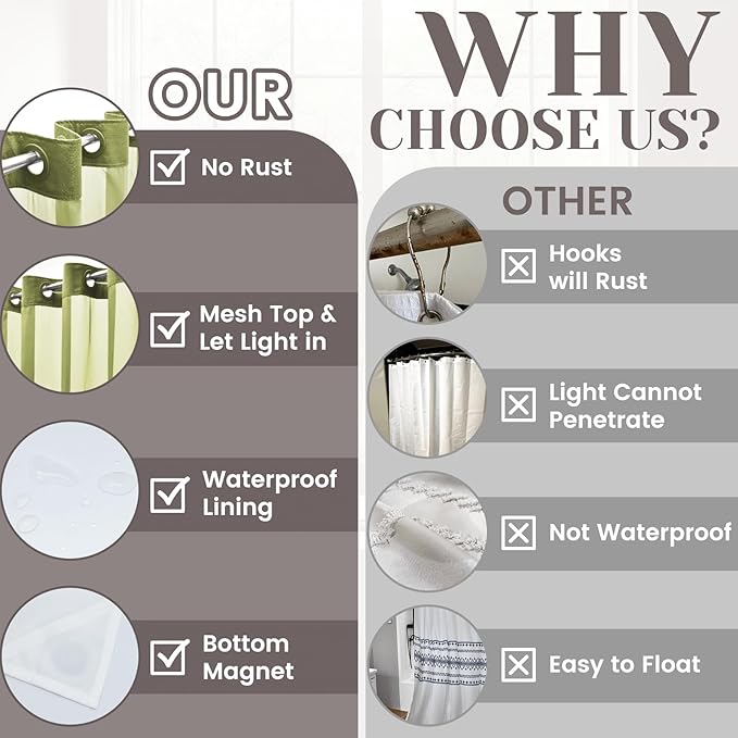 No Hook Slub Textured Shower Curtain with Snap in Liner - Olive Fabric Outer Curtain & Waterproof Inner Liner, Hotel Style with See Through Top Window, 71x74 in