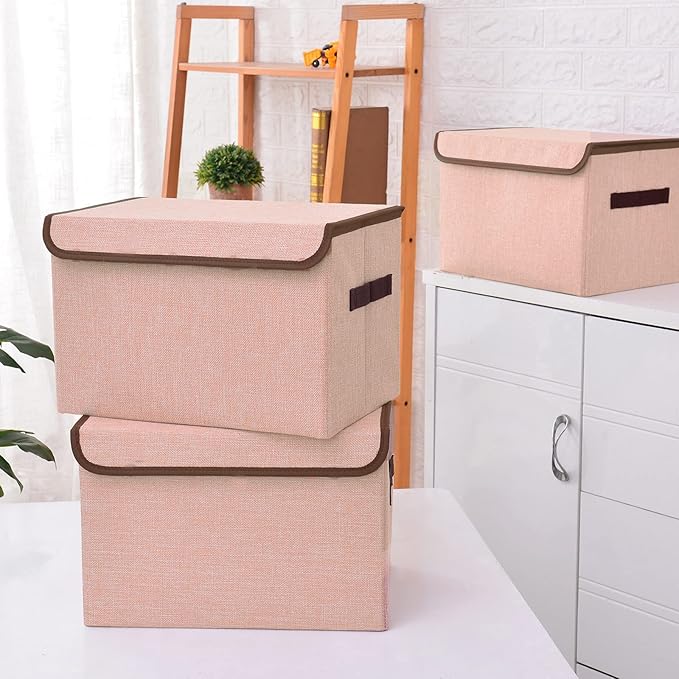 Linen Fabric Foldable Storage Cube Bin Organizer Basket with Flip-Top Lid & Handles, Large Clothes Blanket Box for Home, Office, Closet, Pink, 4 Pack 14.6 x 9.5 x 9.5”