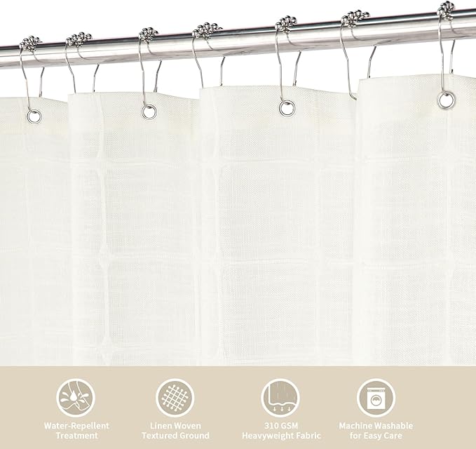 MitoVilla Modern Farmhouse Shower Curtain Set, Off White Boho Cloth Shower Curtains for Country Bathroom Decor, Ivory Vintage Rustic Thick Linen Fabric Shower Curtain with Tassel, 72 x 72