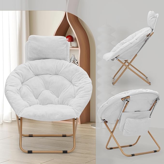 Athena Collection Comfy Saucer Chair with Headrest Oversize Round Cozy Chair Folding Chair Faux Fur Metal Frame Foldable Reading Chair Accent Chair for Bedroom Living Room Set of 2, White