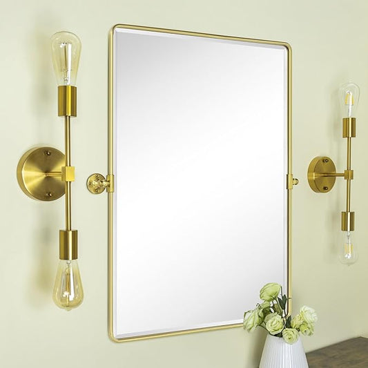 TEHOME Pivot Mirror Brushed Gold Tilt Bathroom Vanity Mirror Large Metal Framed Rectangle Tilting Beveled Vanity Mirrors for Wall, Vertical Hanging, Overall 34.14 x 40 inches (Mirrror 30 x 40 inches)