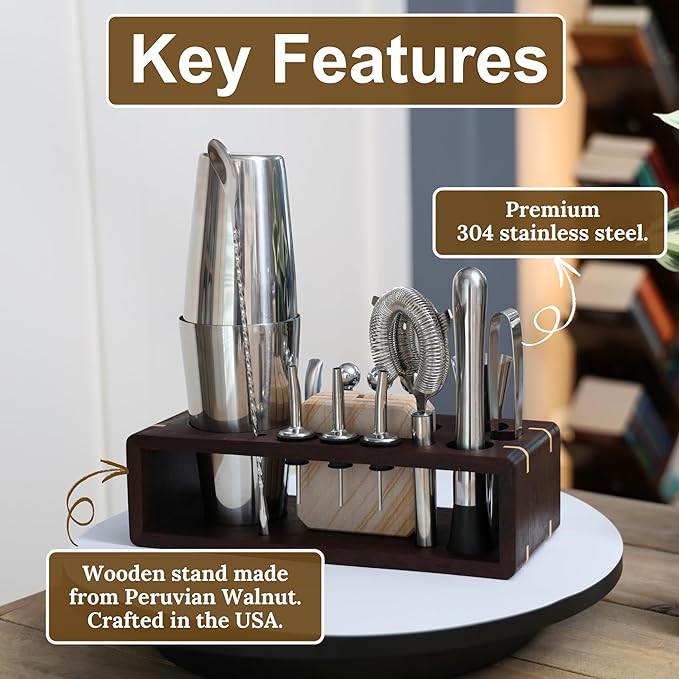 BarMaster® Cocktail Shaker Set – Bartender Kit with Bar Tools & Accessories – Mixology Set for Home Bar – Premium Cocktail Set, Martini Shaker, Barware Kit with Stand
