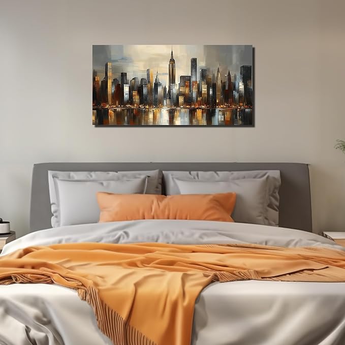 GUGIKA City Wall Art for Living Room, Gold and Grey Wall-Decor for Bedroom, Modern Cityscape Poster Canvas Print, Size 40 x 20 Inches