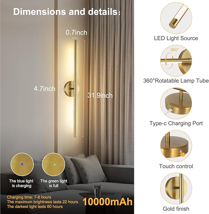 Wireless Battery Operated Wall Sconces with Remote, Gold Rechargeable Led Wall Lights Set of Two, Cordless Dimmable Battery Powered Wall Lamp Decor for Bedroom Living Room, 3 Color, 32 Inch