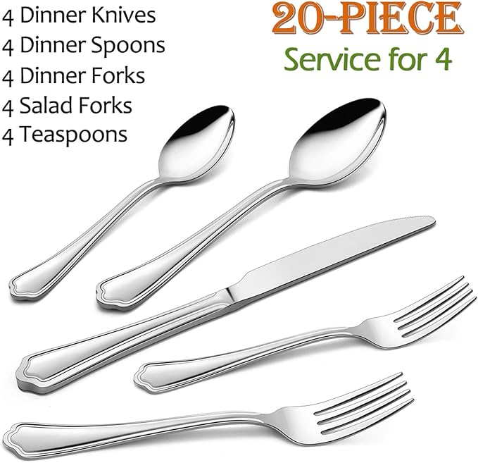 20-Piece Silverware Set, E-far Stainless Steel Flatware Cutlery Set Service for 4, Metal Tableware Eating Utensil Set, Dinner Knives/Forks/Spoons, Scalloped Edge & Mirror Polished - Dishwasher Safe