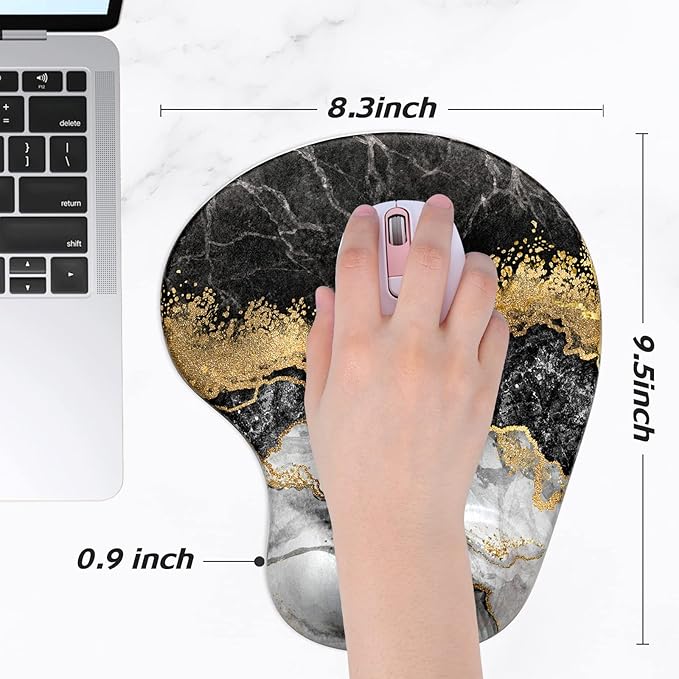 Hsurbtra Ergonomic Mouse Pad with Wrist Rest Support, Gel Mouse Pads with Non-Slip PU Base, Pain Relief Memory Foam Computer Mat, Cute Office Supplies Desk Decro Accessories, Black Marble