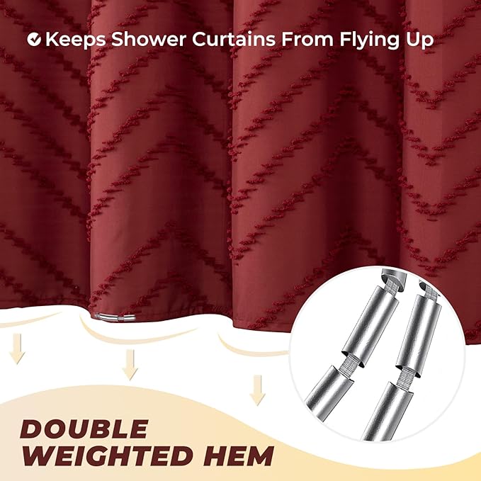 78inches Long Burgundy Shower Curtain Boho Farmhouse Shower Curtain 72 x 78 Tufted Chevron Textured Minimalist Shower Curtains for Bathroom