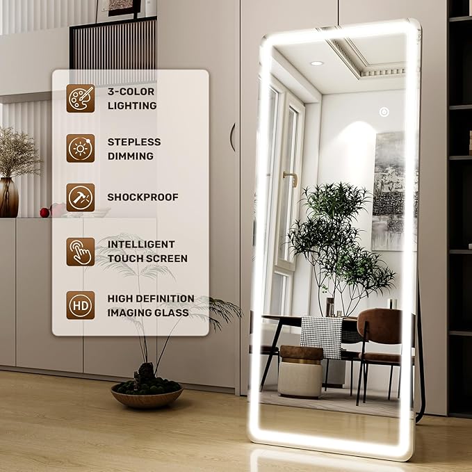 21"x56" Rectangular Full Length Mirror with LED Lights, Standing or Wall-Mounted Full Body Mirror with Stand, Dimmable 3-Color Lighted Floor Mirror for Bedroom, Dressing Room, Cloakroom