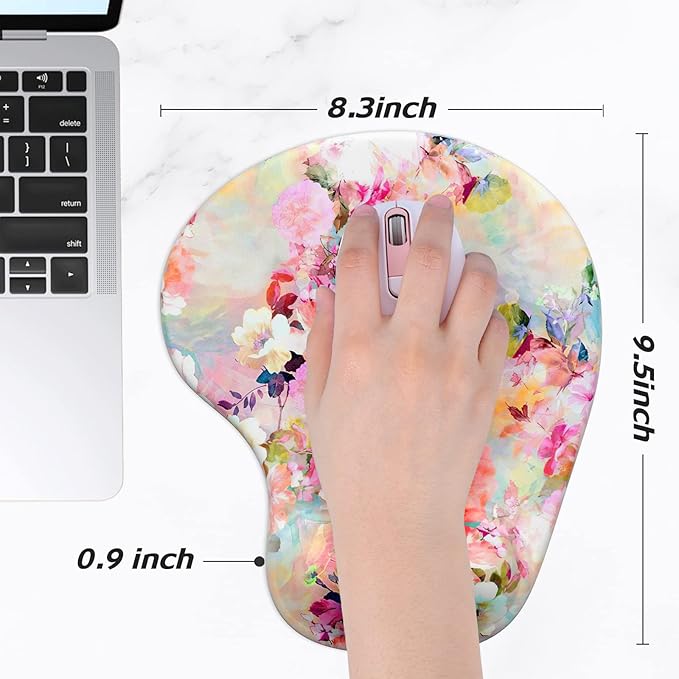 Hsurbtra Ergonomic Mouse Pad with Wrist Rest Support, Gel Mouse Pads with Non-Slip PU Base, Pain Relief Memory Foam Computer Mat, Cute Office Supplies Desk Decro Accessories, Pink Flower