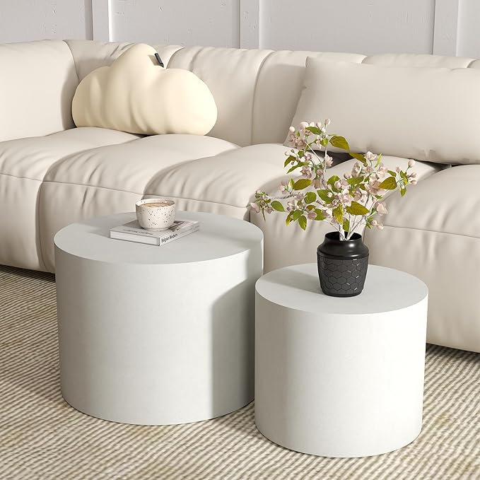 Nesting Coffee Table Set of 2, White Round Nesting Table Modern Circle Coffee Tables Side End Tables for Small Spaces Living Room, Bedroom, Office, Balcony