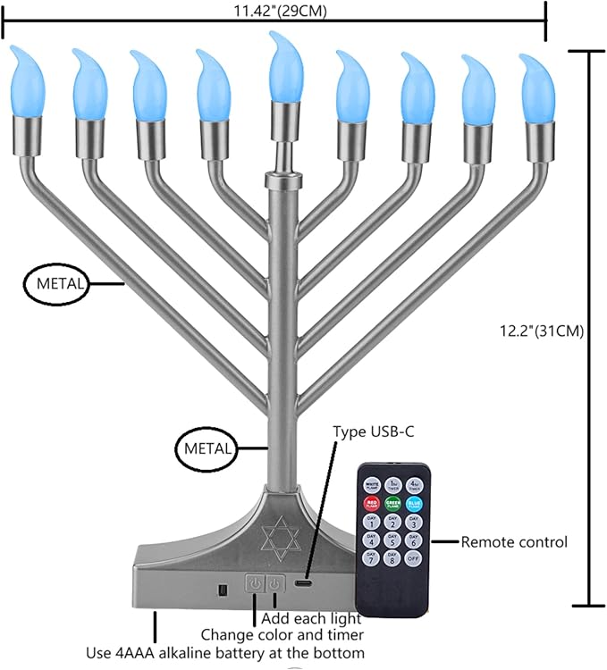 Electric Hanukkah Menorah,RGB Led Menorahs for Chanukah Decoration,Color Changing with Remote Control & Push-Button to Choose The Day and Timer Options Battery/USB Powered,Silver