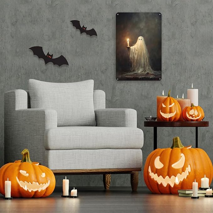 Halloween Ghost Wall Art Decorations Outdoor Indoor Halloween Party Decorations Spooky Home Decor Gifts Vintage Dark Candles Metal Aluminium Plate Sign for Porch Yard Kitchen Bedroom Bathroom