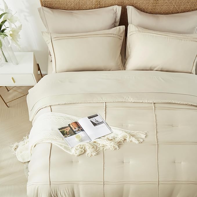 Yogeneg King Size Comforter Set 7 Piece Bed in a Bag,Grid Pinch Pleat Beige Bedding Set,Striped Textured Soft Microfiber Comforter with Sheet Set,All Season Complete Bed Set(Beige,King)