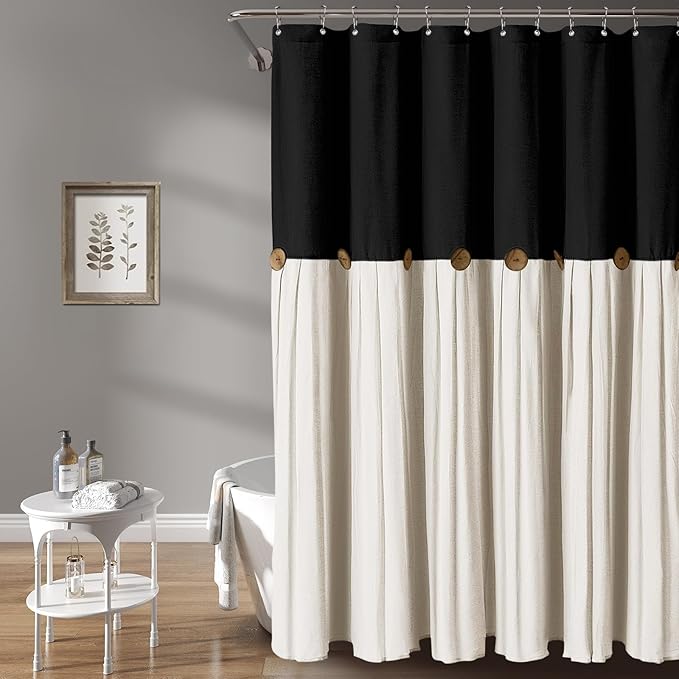 Awellife Farmhouse Cream Shower Curtain Button Linen Textured Woven Fabric,Country Style (Black & Cream, 72" W x 72" L)