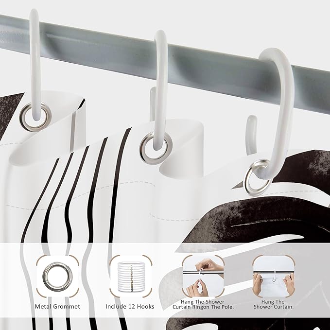 Glawry Boho Black White Shower Curtain Mid Century Abstract Tropical Palm Leaf Modern Minimalist Plant Botanical Bathroom Geometric 60Wx72L Inches Bath Accessories Art Home Decor Fabric 12 Pack Hooks