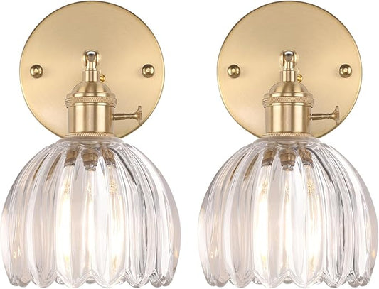 Vintage Wall Sconces Set of 2 with Cute Transparent Tulip Glass Lampshade 180 Degree Adjustable Brass Sconces Hradwired Modern Wall Lighting Fixture with Switch for Bedside Bedroom Doorway