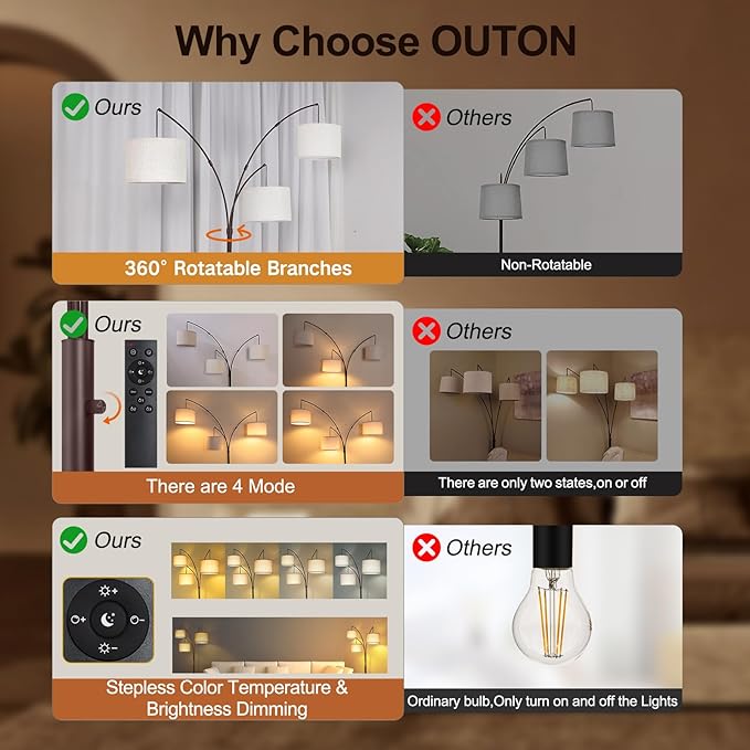 OUTON Floor Lamp with Remote Control, Modern Bright Lamps for Living Room, Adjustable 3-Light Tall Arched Lamp for Bedroom, Office, 2400lm Mid Century Design with Hanging Shade