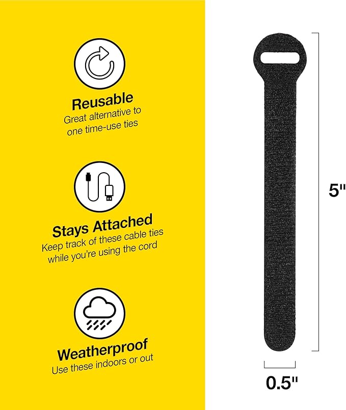 Self-Gripping Cable Ties by Wrap-It Storage, Black, 5 Inch Straps (50-pack) – Reusable Hook and Loop Cord Organizer Cable Ties for Cord Management and Desk or Office Organization