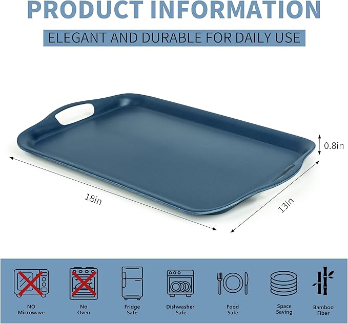 KINGEN 2-Pack Navy Blue Bamboo Fiber Serving Trays - 18×13-inch Extra Large w/Handles Tray, Platters for 4th of July, Christmas, BBQ, Picnic, Outdoor Dining - Durable, Lightweight (Classic Blue)