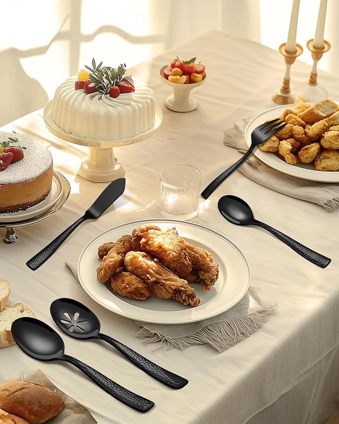 Stainless Steel Large Serving Utensils with Hammered Serving Spoon, Slotted, Serving Fork,Butter Knife,Sugar Spoon Hostess Black Serving Utensil Set for Parties,Buffet,Dishwasher Safe