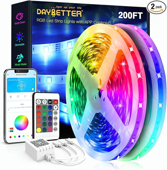 DAYBETTER Led Strip Lights 200 ft (2 Rolls of 100 ft) Ultra Long Smart Light Strips with App Voice Control Remote, RGB Music Sync Color Changing Lights for Bedroom, Kitchen, Party,Home Decoration