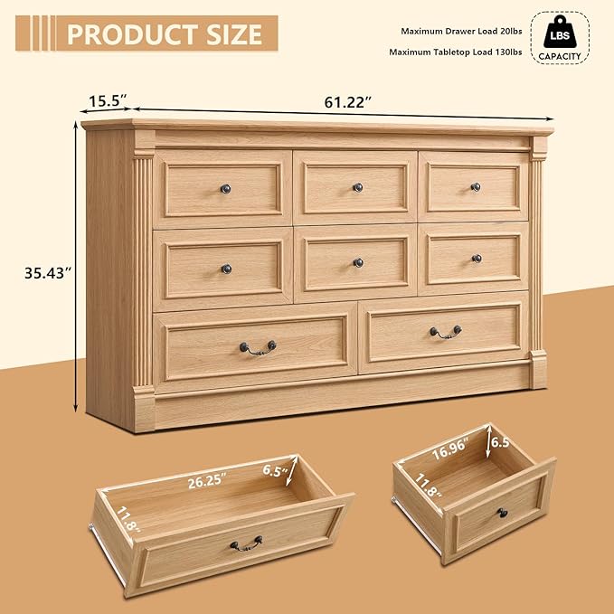8 Drawers Dresser for Bedroom, Farmhouse 61" Wide Dressers & Chests of Drawers w/Roman Column, Large Storage Dressers Organizer w/Two Different Drawer Sizes for Bedroom,Living Room,Natrual