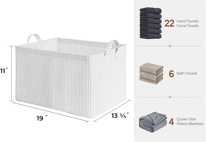 StorageWorks Storage Bins, Fabric Storage Bins for Shelves, Extra Large Storage Baskets with Metal Frame, Closet Baskets and Bins with Handles, Jumbo, Gray and White Stripes, 2-Pack