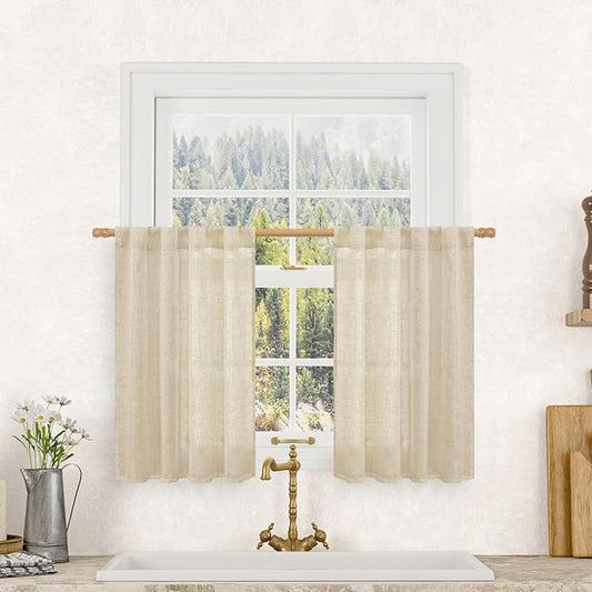 LAMIT Linen Kitchen Curtains 30 Inch Length, Semi Sheer Light Filtering Window Panels Back Tab and Rod Pocket Drapes for Cafe/Small Windows, Linen, 25 x 30 Inch, 2 Panels