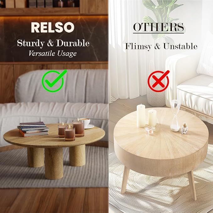 Relso Gaia Round Coffee Table, Natural Mango Wood Coffee Table with Wood Grain and Sturdy Finish | Perfect for Living Room and Farm House - Sturdy, Durable, Ideal for Patio Decor (Natural, 14 inch)