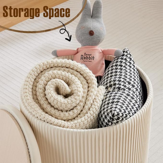 Big Round Ottoman with Storage Set of 2,Upholstered Velvet Vanity Stool for Makeup Multifunctional Foot Rest Coffee Table Padded Seat Tufted Ottomans for Living Room&Bedroom（White）