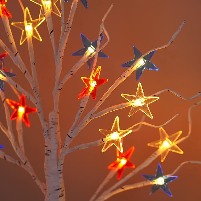 4th of July Patriotic Decorative DIY Artificial Tree Lamp, 24 LED Birch Tree Lights, Battery/USB Operated Fourth of July Independence Day Lighted Tree for Home Table Party Decor（Colorful）