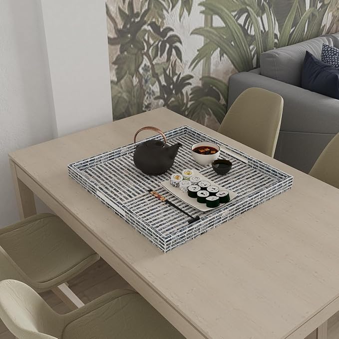 PEMAR Extra Large Square 20" Capiz Shell Ottoman Tray with Insert Handles, Oversized Decorative Luxury Wooden Serving Tray for Food, Coffee Table, Breakfast in Bed (Grey-White Stripes)