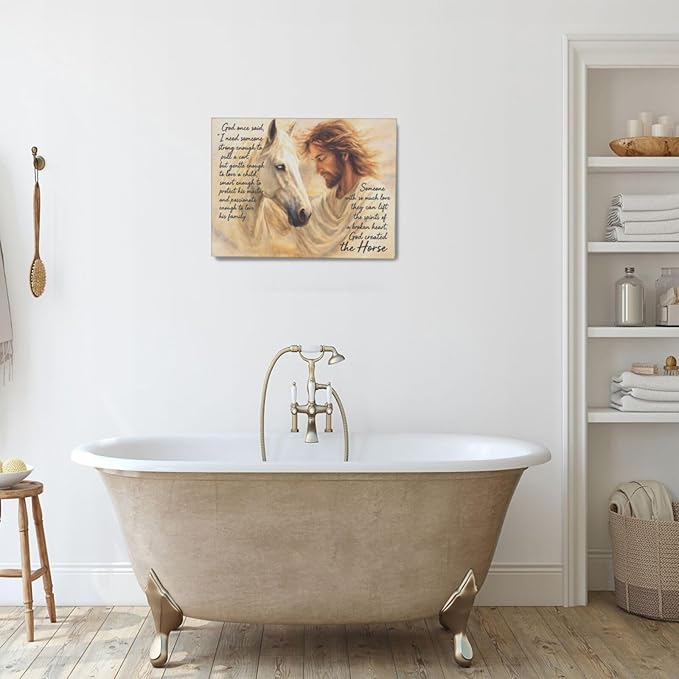 Horse Wall Art Christian Jesus Canvas Wall Decor Scripture Pictures Christ Paintings Prints Religious Bible verse Artwork Framed Decorations For Church Prayer Room Bathroom Bedroom Living Room Gifts 16" x 12"