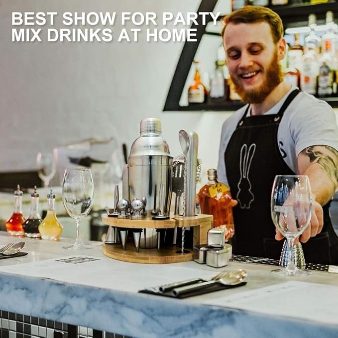 Cocktail Shaker Set with Stylish Stand, 25oz 17 Pieces Bartender Kit Professional Stainless Steel Bar Tool Set for Mixed Drink, Gift for Man Dad, Father's Day, Christmas Day