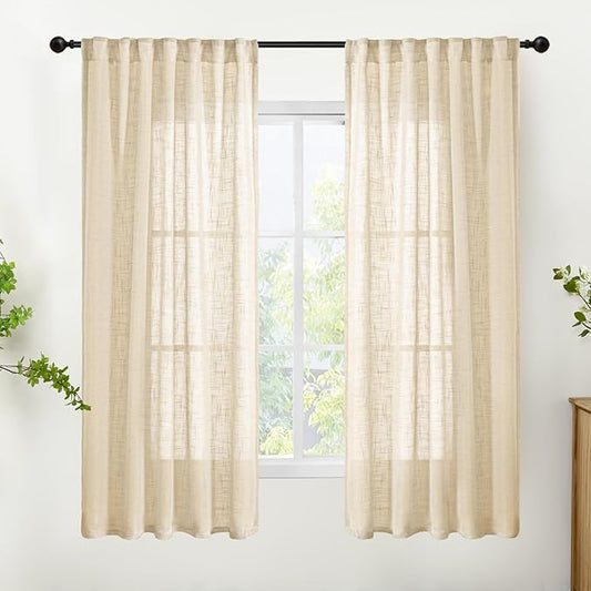 YoungsTex Natural Linen Semi Sheer Curtains 63 Inch Length for Living Room Window, Burlap Light Filtering Drapes Rustic Textured with Rod Pocket Back Tab for Bedroom, 2 Panels, 42 X 63 Inch
