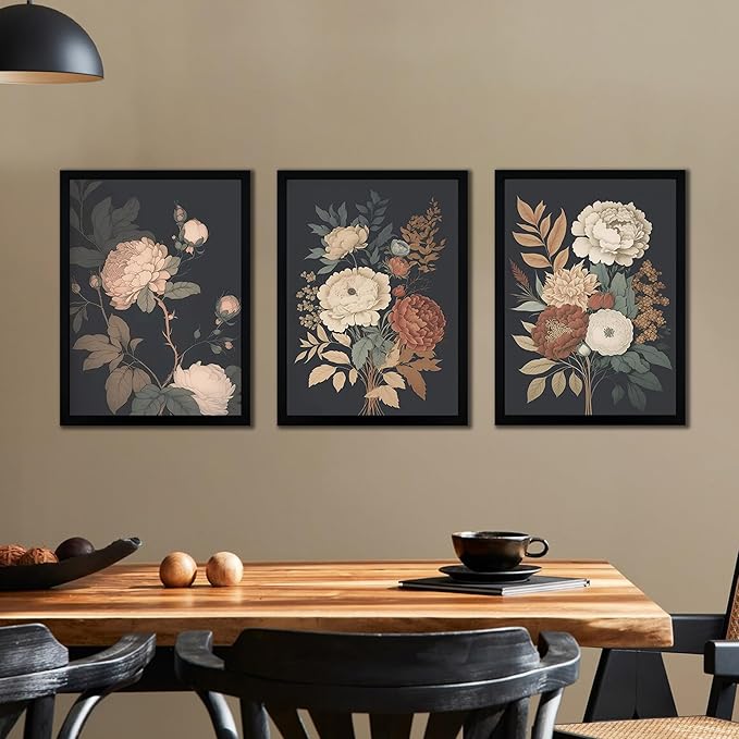arfitest Vintage Floral Wall Art Dark Plant Canvas Wall Decoration Farmhouse Print Black Peony Painting Wall Decoration Moody Artwork For Living Room Bedroom 12x16 Inch Frame Three-Piece Set