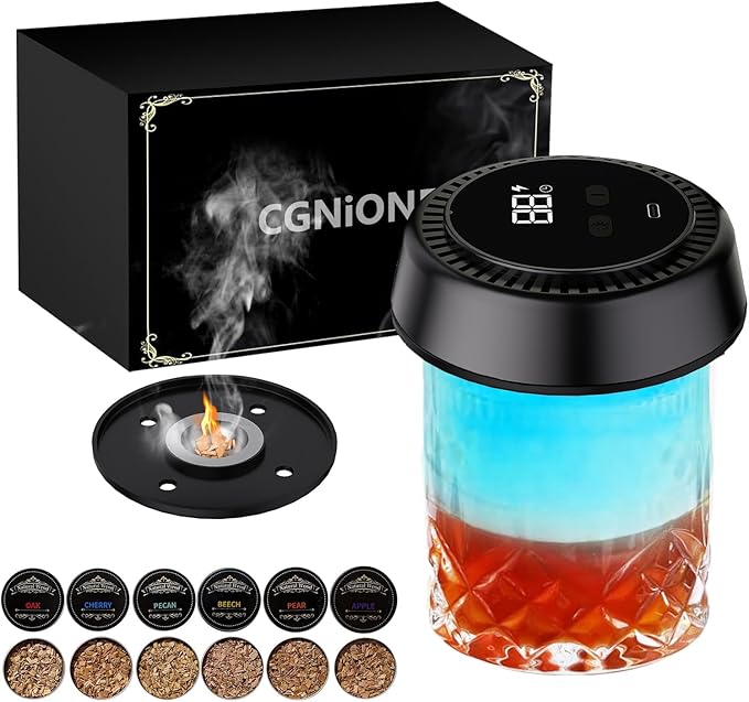 Electric Whiskey Smoker Kit with RGB Light, Built-in Lighter, Rechargeable Cocktail Smoker Kit with 6 Wood Chips, Old Fashioned Drink Smoker for Bourbon, Whiskey Gifts for Men (Black)