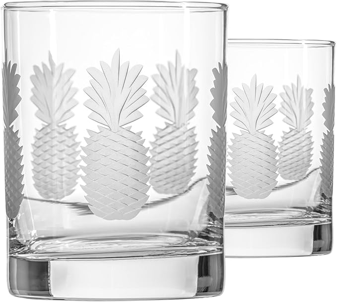 Rolf Glass Fresh Pineapple Double Old Fashioned Glass | 13oz Etched Whiskey Tumblers | Lead-Free and Diamond-Wheel Engraved | Made in the US | Tropical Etched Pineapple Design | Set of 2